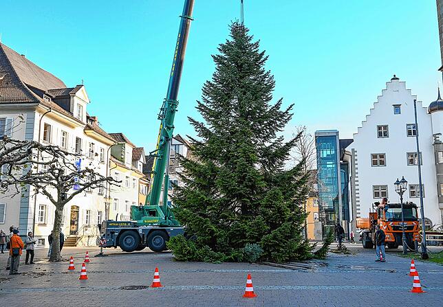 Bild 6: Ein Christbaum fliegt durch die Lüfte: Auf dem Marktplatz wird der Weihnachtsbaum aufgestellt