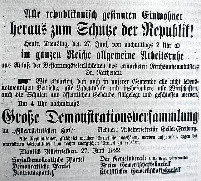 Aufruf im Rheinfelder Anzeiger anlässlich der Trauerfeierlichkeiten im Juni 1922.