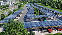 Ein großer Parkplatz der Firma Winterhalter in Meckenbeuren soll künftig von Solarpanels überdacht werden. Das Bild zeigt eine Illustration.