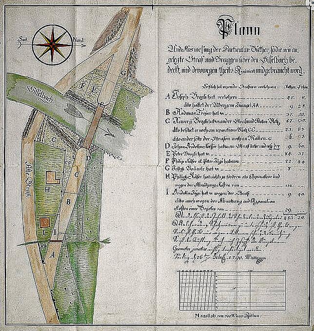 Den „Plann und Ausmessung der Particular-Güther, so die neu angelegte Straß und Bruggen über den Sisselbach bedeckt, und derowegen ...
