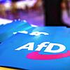 Fähnchen mit dem Logo der AfD liegen auf einem Tisch.