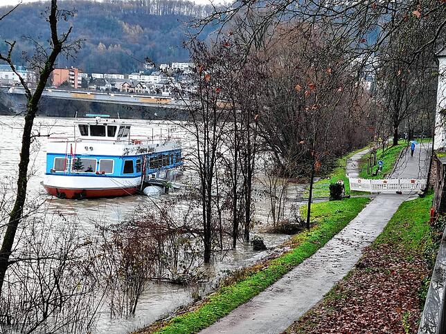 Der Rhein hat Hochwasser, aber der Pegel sinkt. Das Rheinufer in Bad Säckingen ist am 14. Dezember 2023 weiterhin für Spaziergänger ...
