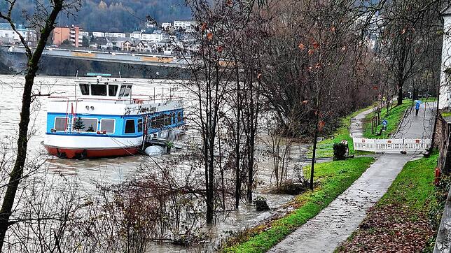 Der Rhein hat Hochwasser, aber der Pegel sinkt. Das Rheinufer in Bad Säckingen ist am 14. Dezember 2023 weiterhin für Spaziergänger ...