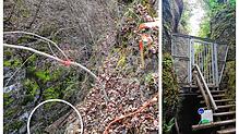 Links: Der Kreis unten zeigt einen Teil der alten Treppenanlage am Fuß der Marienschlucht. Der rote Pfosten und die Farbe am Baum ...