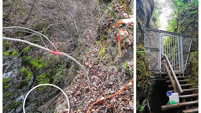 Links: Der Kreis unten zeigt einen Teil der alten Treppenanlage am Fuß der Marienschlucht. Der rote Pfosten und die Farbe am Baum ...