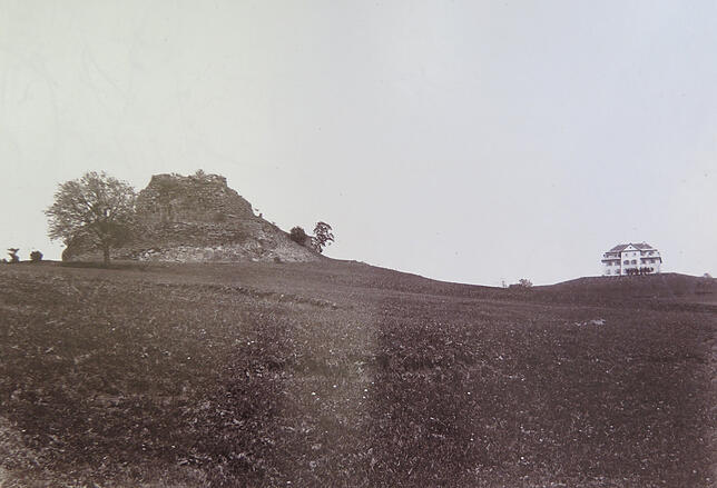 Die Aufnahme stammt aus dem Jahr 1887. Das Jagdschloss Wartenberg steht noch ohne umgebende Bäume auf freier Fläche.