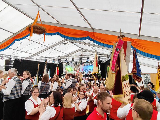 Bild 15: Gute Stimmung beim Jubiläumsumzug des Musikvereins Liggersdorf im Rahmen des Bezirksmusikfestes