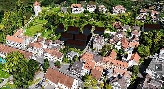 Die 3D-Visualisierung in der Aufsicht: Die beiden eingzeichneten Baukörper links oben sind vom Baurechtsamt bereits genehmigt, doch es ...