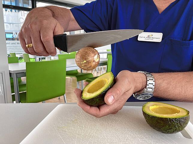 Operation gelungen! Holger Bannasch hat den Kern mit der Alfred-Biolek-Methode aus dem Fruchtfleisch der Avocado herausgedreht. Alle ...