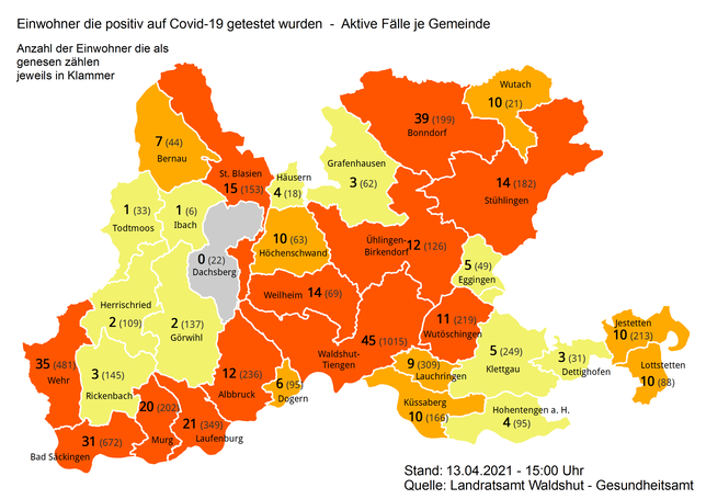 Aktive Corona-Infektionen und Genesene in den Städten und Gemeinden im Landkreis Waldshut am 13. April 2021.