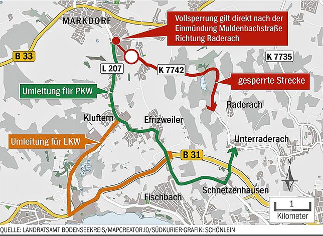 K7742-Sperrung (Rot) und Umleitungen (Grün/Pkw und Gelb/Lkw) auf einen Blick. Die K7742 wird erst zu Winterbeginn wieder befahrbar sein.