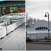 Links der Blick in die Kreissporthalle, rechts die neue Leichtbauhalle in Rielasingen.