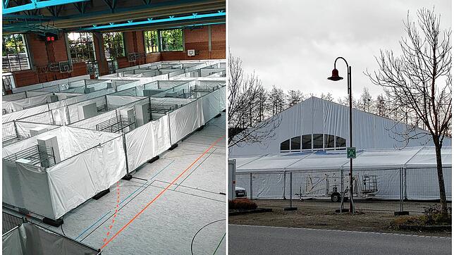 Links der Blick in die Kreissporthalle, rechts die neue Leichtbauhalle in Rielasingen.