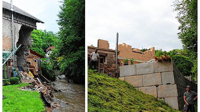 Nach einem Starkregenereignis riss die Flut des Mühlbachs in Grimmelshofen einen Teil des Hauses der Familie Perera mit (links). Heute ...