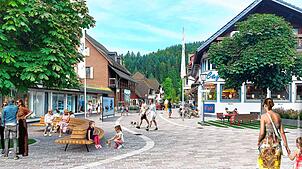 Diese Visualisierung zeigt, wie die Todtmooser Hauptstraße durch das Aufstellen von Sitzgruppen und dem Anlegen von Blumenbeeten künftig ...