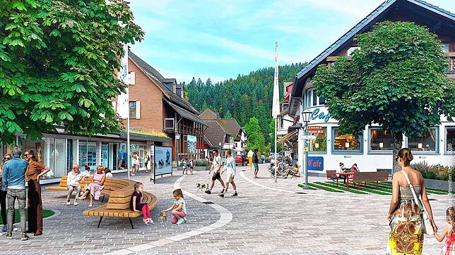 Diese Visualisierung zeigt, wie die Todtmooser Hauptstraße durch das Aufstellen von Sitzgruppen und dem Anlegen von Blumenbeeten künftig ...