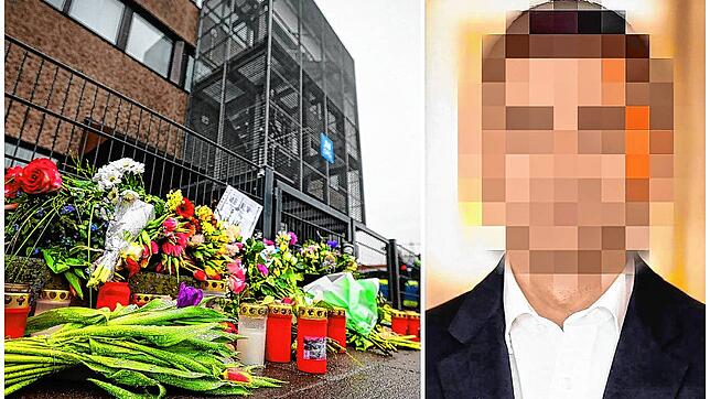 Blumen und Kerzen vor dem Eingangsbereich eines Gemeindehauses der Zeugen Jehovas in Hamburg erinnern an die Opfer von Philipp F. (rechts).