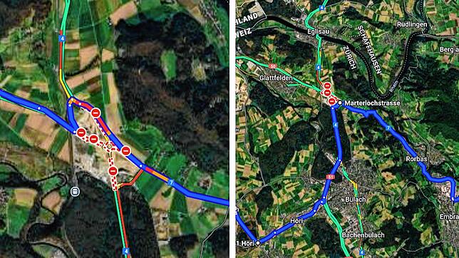 Auf dem linken Bild: Die vermeintlich simple Umfahrung der Baustelle. Auf dem rechten Bild: Die von Google Maps für besser befundene ...