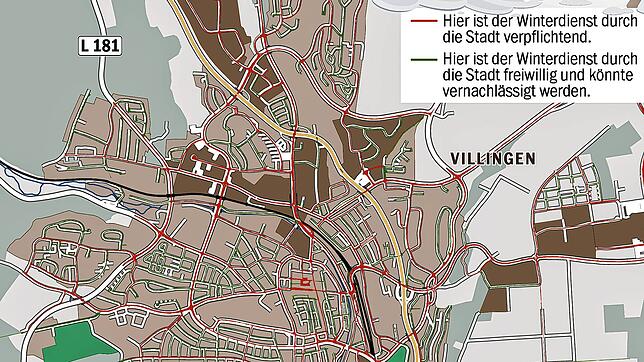Auf den grün markierten Straßen in Villingen soll der Winterdienst künftig eingeschränkt werden.