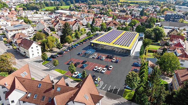 So sieht die von Lidl am 1. Februar 2023 im Planungsausschuss der Stadt Stockach präsentierte Visualisierung der geplanten Neubaufiliale ...