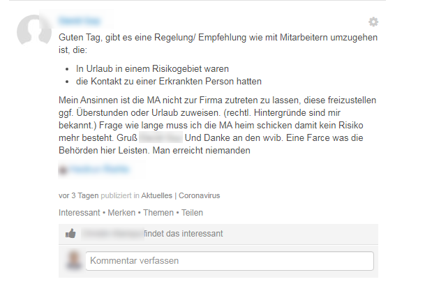 Anonymisierte Original-Protokolle von Chats zwischen Firmenverantwortlichen und Mitarbeitern einer Corona-Task-Force des ...