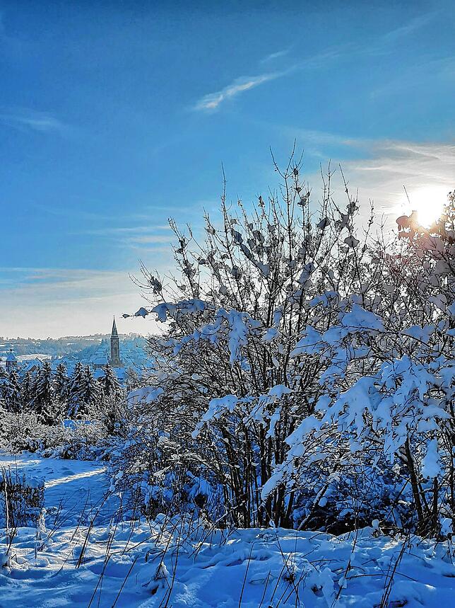 In der verschneiten Winterlandschaft öffent sich der Blick auf die Bräunlinger Stadtkirche.