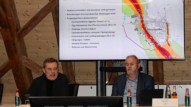 Wolfgang Wahl (links) vom Büro Rapp hat den Lärmaktionsplan für Mönchweiler erarbeitet. In der Sitzung des Gemeinderates stellt er die ...