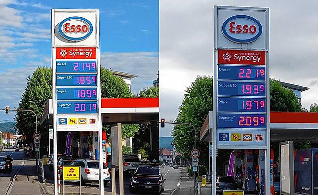 Die Spritpreise an der Esso-Tankstelle in Rheinfelden am Abend vor Ende des Tankrabatts (links) und am Morgen danach.