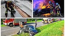 Drei von immer mehr Einsätzen der Freiwilligen Feuerwehr Stockach: Links oben: Dachsicherung bei Unwetter, rechts oben Fahrzeugbrand im ...