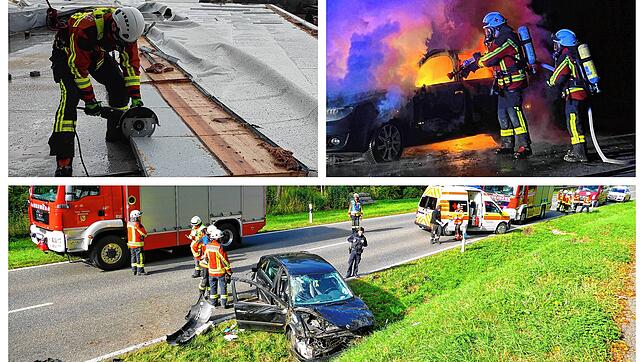 Drei von immer mehr Einsätzen der Freiwilligen Feuerwehr Stockach: Links oben: Dachsicherung bei Unwetter, rechts oben Fahrzeugbrand im ...