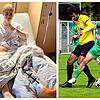 Ricco Thum, links nach der Operation aufgrund seines offenen Schien- und Wadenbeinbruchs, rechts im Duell mit seinem Club TSV Aach-Linz ...