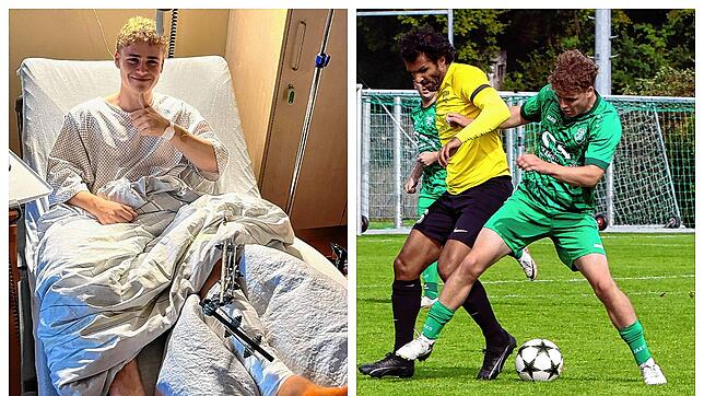 Ricco Thum, links nach der Operation aufgrund seines offenen Schien- und Wadenbeinbruchs, rechts im Duell mit seinem Club TSV Aach-Linz ...