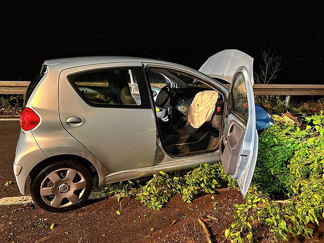 Ein Kleinwagen prallte gegen den Baum, eine Person wurde verletzt.