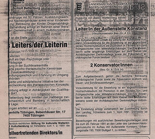 Auf die Stellenanzeige rechts hatten sich die beiden Archäologen damals beworben.