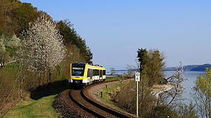 Ein Zug auf der Gürtelbahn am Bodenseeufer bei Sipplingen. Sowohl der Interregio-Express als auch die Regionalbahn fallen dem ...