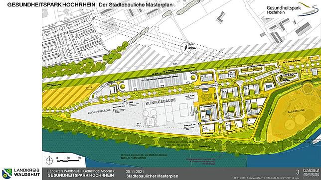 So könnten das Zentralkrankenhaus und die Gebäude im klinikaffiner Nutzung im Gesundheitspark Hochrhein bei Albbruck angeordnete werden.