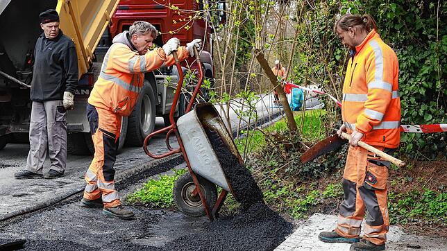 Kieslaster und Straßenbauarbeiter: Der Bodenseeradweg ist derzeit nicht passierbar für Fahrradfahrer und Fußgänger. Rechts im Bild ...