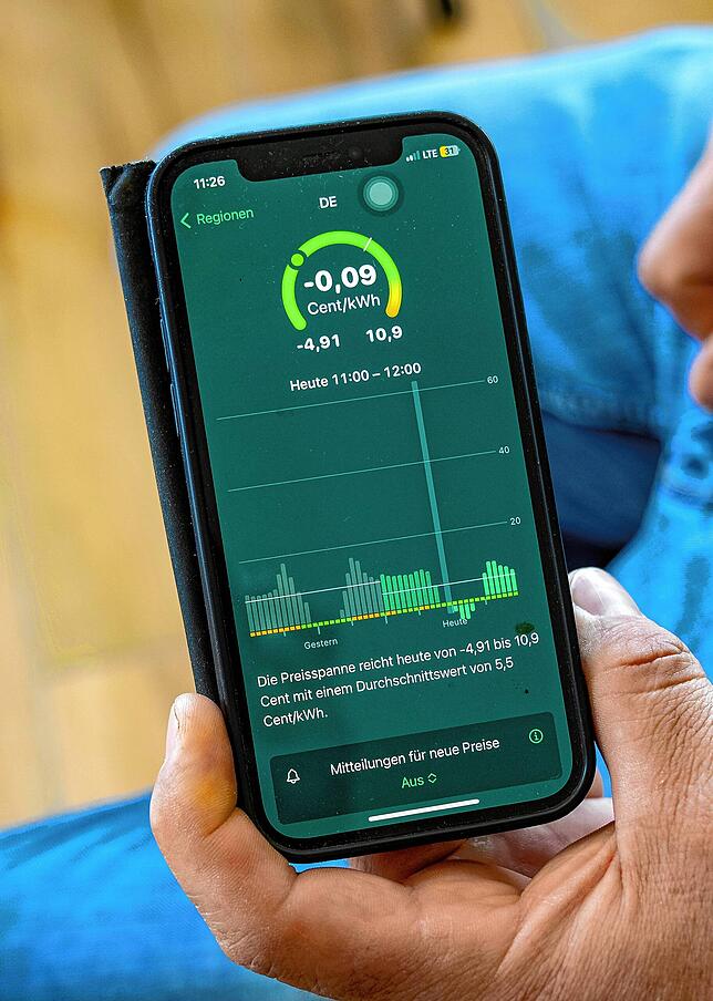 Über eine App informiert sich Jochen Hauser, wann durch eine Überproduktion bei den PV-Anlagen Negativ-Entgelte entstehen. Denn nun gilt ...