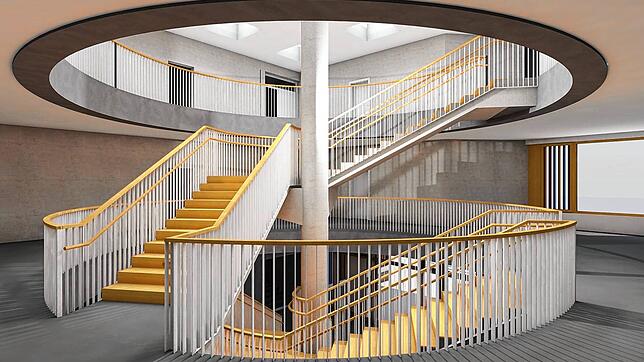 Die Treppe schwingt sich um eine Stütze.