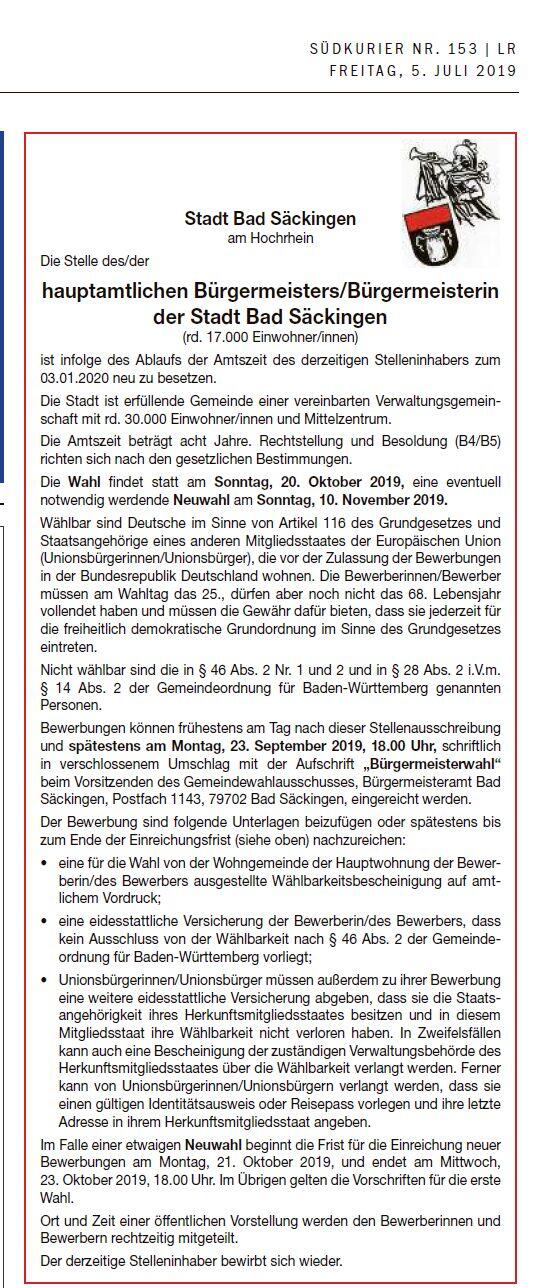 Ein Auszug der Stellenausschreibung für das Bürgermeisteramt von Bad Säckingen, die am 5. Juli im SÜDKURIER erschienen ist.