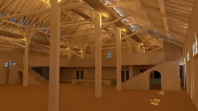 So sehen die Pläne für die sanierte Scheffelhalle aus: Die abgehängte Decke soll rückgebaut und das Dachgebälk wieder freigelegt werden.