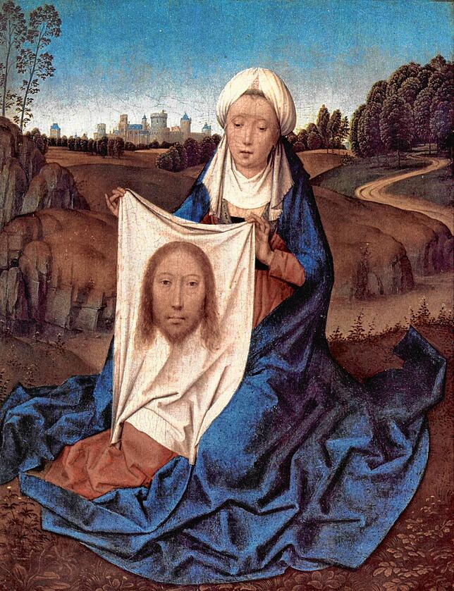 Die Heilige Veronika mit dem Schweißtuch Christi, dargestellt von Hans Memling um 1470.