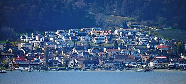 Der Blick von der Bergstraße über Ludwigshafen über den See nach Bodman.