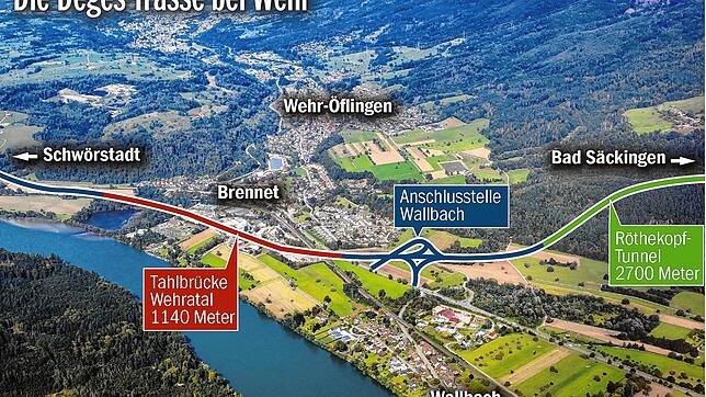 So soll die A98-Vorzugstrasse im Bereich Schwörstadt, Wehr und Bad Säckingen verlaufen.