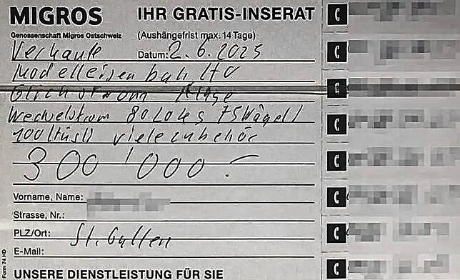 Das Inserat im Migros-Supermarkt in St. Gallen: Martin B. wirbt mit seiner Modelleisenbahn für 300.000 Franken.