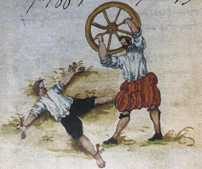 Erst Folter, dann die Hinrichtung: Mit einem Wagenrad bricht ein Henker dem Delinquenten die Knochen.
