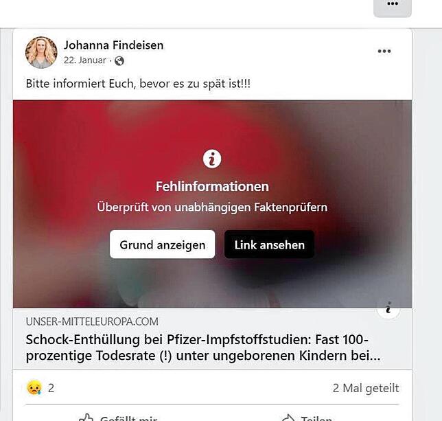Der Screenshot zeigt einen Auszug aus einer von Findeisen per Facebook geteilten Nachricht, die nachweislich falsch ist.