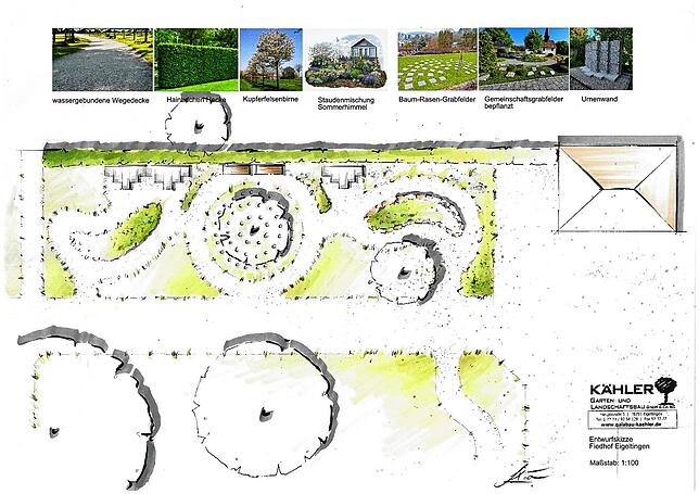 So sieht der Plan von Marcel Kähler im Detail aus. Die Friedhofsmauer soll durch eine Hecke ergänzt werden. Davor können Urnenquader und ...