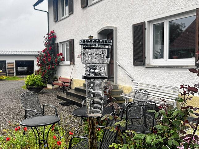 Ein Niederschlagsmessgerät auf dem Reinachhof.