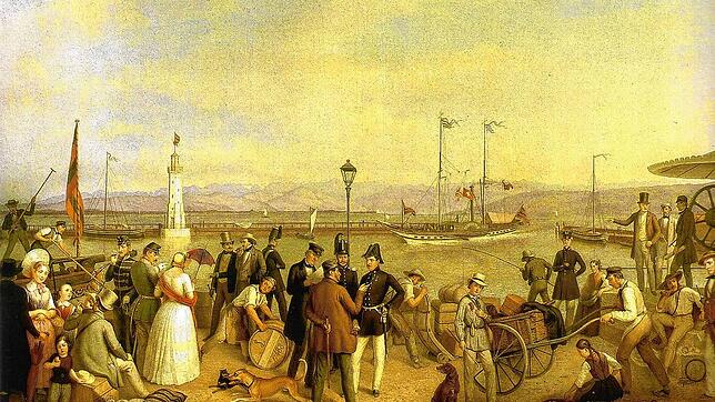 Franz Seraph Stirnbrand hielt in seinem Gemälde von 1846 diese Szene am Hafen in Friedrichshafen fest. Im Hintergrund ist das ...